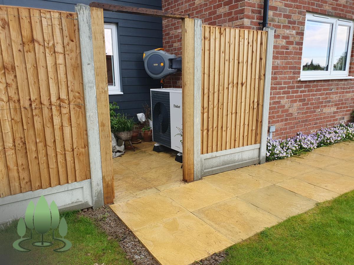 Installation of a new fence built from concrete posts, concrete gravel boards and close board feather edge fence panels.